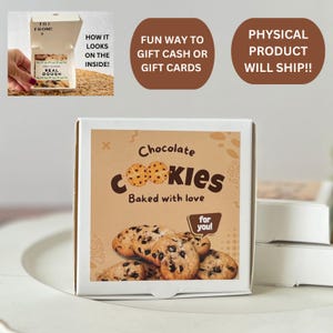 May include: A white box with a brown label that says "Chocolate Cookies Baked with love for you!" The label has a picture of chocolate chip cookies on it.