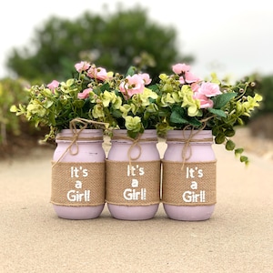 It&#39;s a Girl Baby Shower Mason Jar Centerpieces, Girl Baby Shower Decorations, Girl Baby Shower Centerpiece with Flowers, Pink Baby Shower