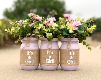 It's a Girl Baby Shower Mason Jar Centerpieces, Girl Baby Shower Decorations, Girl Baby Shower Centerpiece with Flowers, Pink Baby Shower