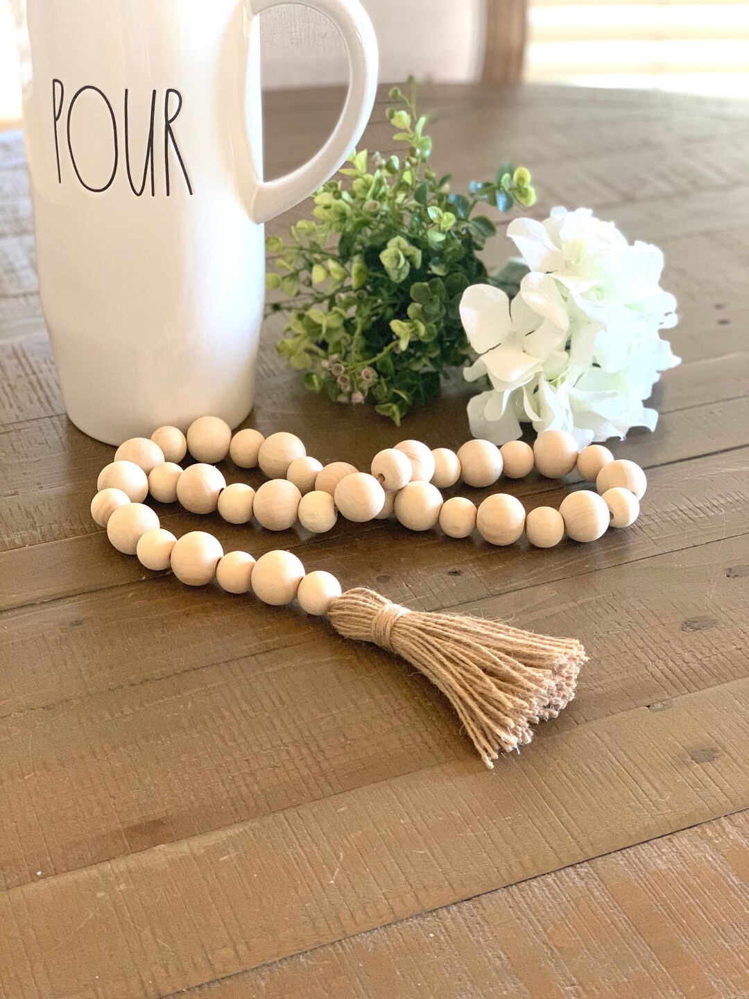 LARGE Farmhouse Wood Bead Garland Tassel, Home Decor Rustic Wooden ...