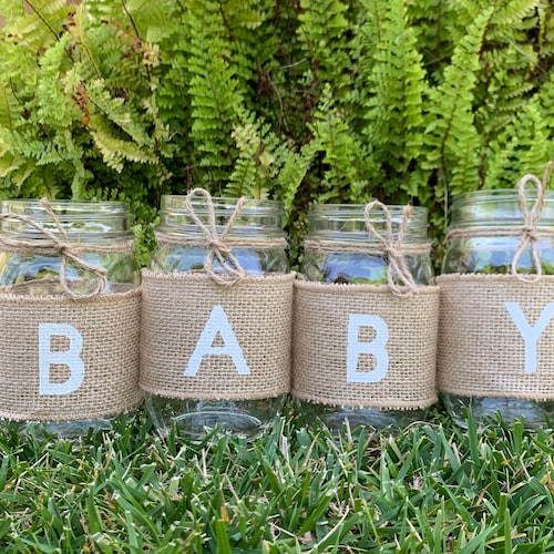 Bébé toile de jute Mason Jar manches, bocaux non inclus, Baby Shower Mason Jars, sexe neutre Baby Shower Decor, décorations rustiques de douche de bébé