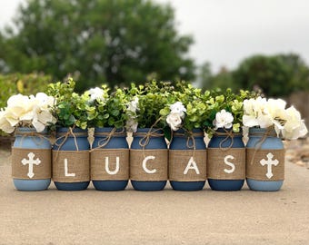First Communion Mason Jar Centerpieces, First Communion Decorations Boy, Rustic First Communion Decor for Boys, 1st Communion Decorations