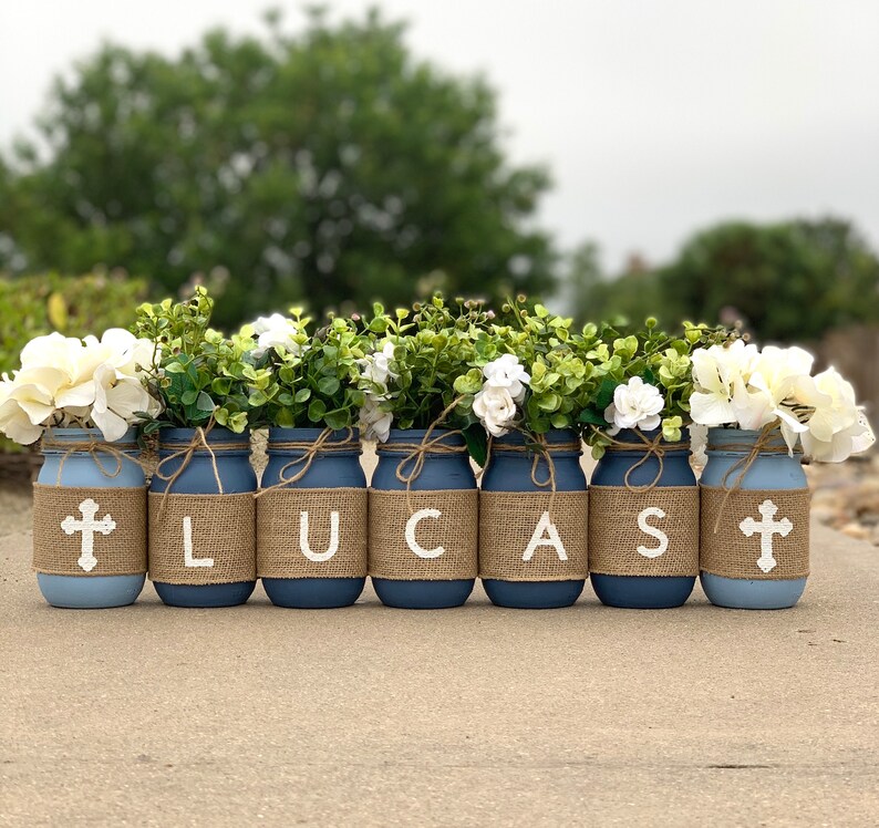 Baptism Mason Jars Boy Baptism Decorations Flowers Etsy
