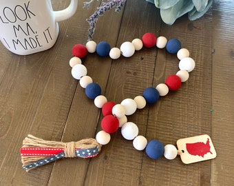 Patriotic Wood Bead Garland, USA Home Decor Rustic Wooden Beads Patriotic Home Decor Wood Bead Garland Red White Blue 4th of July Home Decor