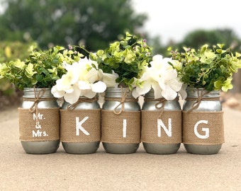 Personalized Wedding Decorations Rustic Wedding Decorations for Table, Outdoor Wedding Decor Table, Burlap Mason Jars, Boho Wedding Decor