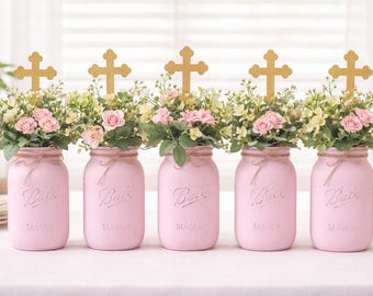 First Communion Centerpiece for Girls Baptism Centerpieces for Girls | Set of 5, 32 oz, Flowers and Crosses Optional | Baptism Decorations
