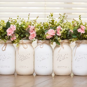 5 or 6 Pcs - Mason Jar Centerpieces for Table, Neutral Baby Shower Centerpieces, White Mason Jar Centerpieces, Painted Mason Jars Rustic