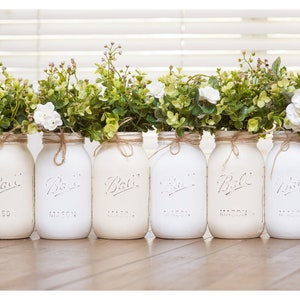 Set of 5 or 6 Mason Jar Centerpieces for Table, Rustic Farmhouse Mason Jars, White Mason Jars for Centerpieces, Painted Mason Jars Rustic