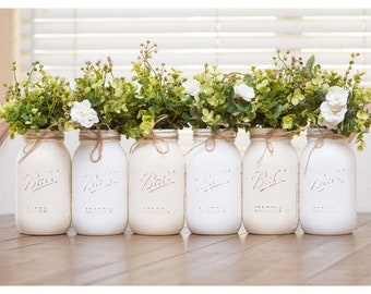 Set of 5 or 6 Mason Jar Centerpieces for Table, Rustic Farmhouse Mason Jars, White Mason Jars for Centerpieces, Painted Mason Jars Rustic