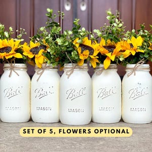 Sunflower Mason Jar Centerpieces – White Painted Jars with Sunflowers, Set of 5 Rustic Table Decor