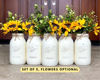 Sunflower Mason Jar Centerpieces – White Painted Jars with Sunflowers, Set of 5 Rustic Table Decor