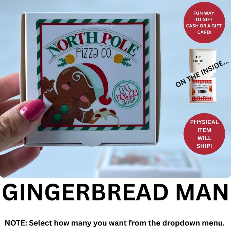 Christmas Cash Gift Card Box, Pizza Gift Card Holder, Physical Product will Ship! Mini Pizza Box Gift Stocking Stuffer, Gift for Pizza Lover GINGERBREAD MAN