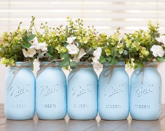 5 Pcs Boy Baby Shower Decorations, Boy Baby Shower Centerpiece for Table, Rustic Baby Shower Decor, Blue Baby Shower Mason Jar Centerpiece