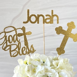Baptism Centerpiece Toppers, Communion Decor, Baptism Centerpieces, Baptism Cake Topper, First Communion Decorations Boy, Cross and Name