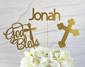 Baptism Centerpiece Toppers, Communion Decor, Baptism Centerpieces, Baptism Cake Topper, First Communion Decorations Boy, Cross and Name