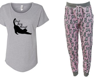 Don't Stress Meowt Pink Pajama Set - Cat Pajama with Pockets, Fleece Pajama, Cat Lover Gift, Velour Set, Puns, Cat Pun Shirt, Pun, Cat PJs