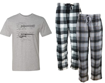 Guitar Anatomy Mens Grey Pajama Set - Fleece Pajama set, Fun Pjs, PJs, Mens PJs, gift for him, Dad, Rocker, Musician, Music Lover, Plus Size