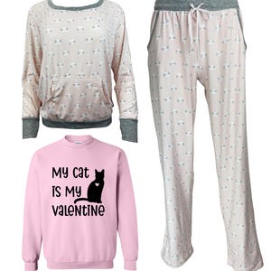 Women&#39;s Ultra Soft Long Sleeve 3 Piece Cat Themed My Cat Is My Valentine Pajama Set with Pockets - In 3 Colors