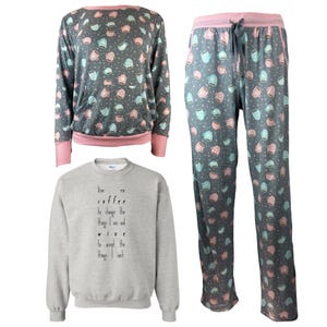 Women&#39;s Ultra Soft Long Sleeve 3 Piece Grey & Pink Coffee Cup Themed Give Me Coffee Pajama Gift Set For Her with Pockets - In 4 Colors