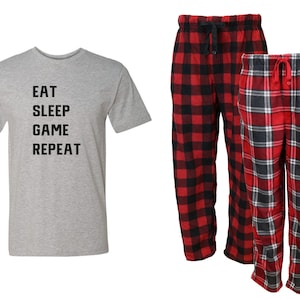 Eat Sleep Game Repeat Red Plaid Pajama Set - Fleece PJ, gift for Him, Gamer, Gift for Dad, Video Game, Sunday Funday, Boyfriend, Plus Size
