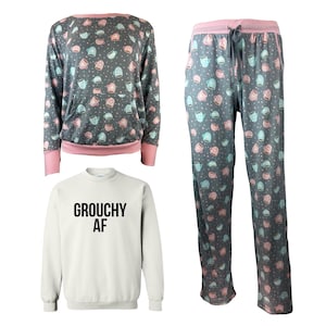 Women&#39;s Ultra Soft Long Sleeve 3 Piece Grey & Pink Coffee Cup Themed Grouchy AF Pajama Gift Set For Her with Pockets - In 4 Colors