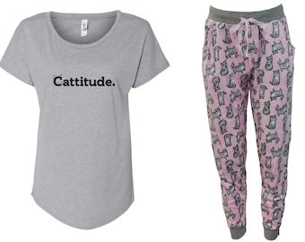 Cattitude Pink Pajama Set - Cat Pajama with Pockets, Fleece Pajama, Cat Lover Gift, Velour Set, Puns, Cat Pun Shirt, Pun Pajamas, Cat PJs