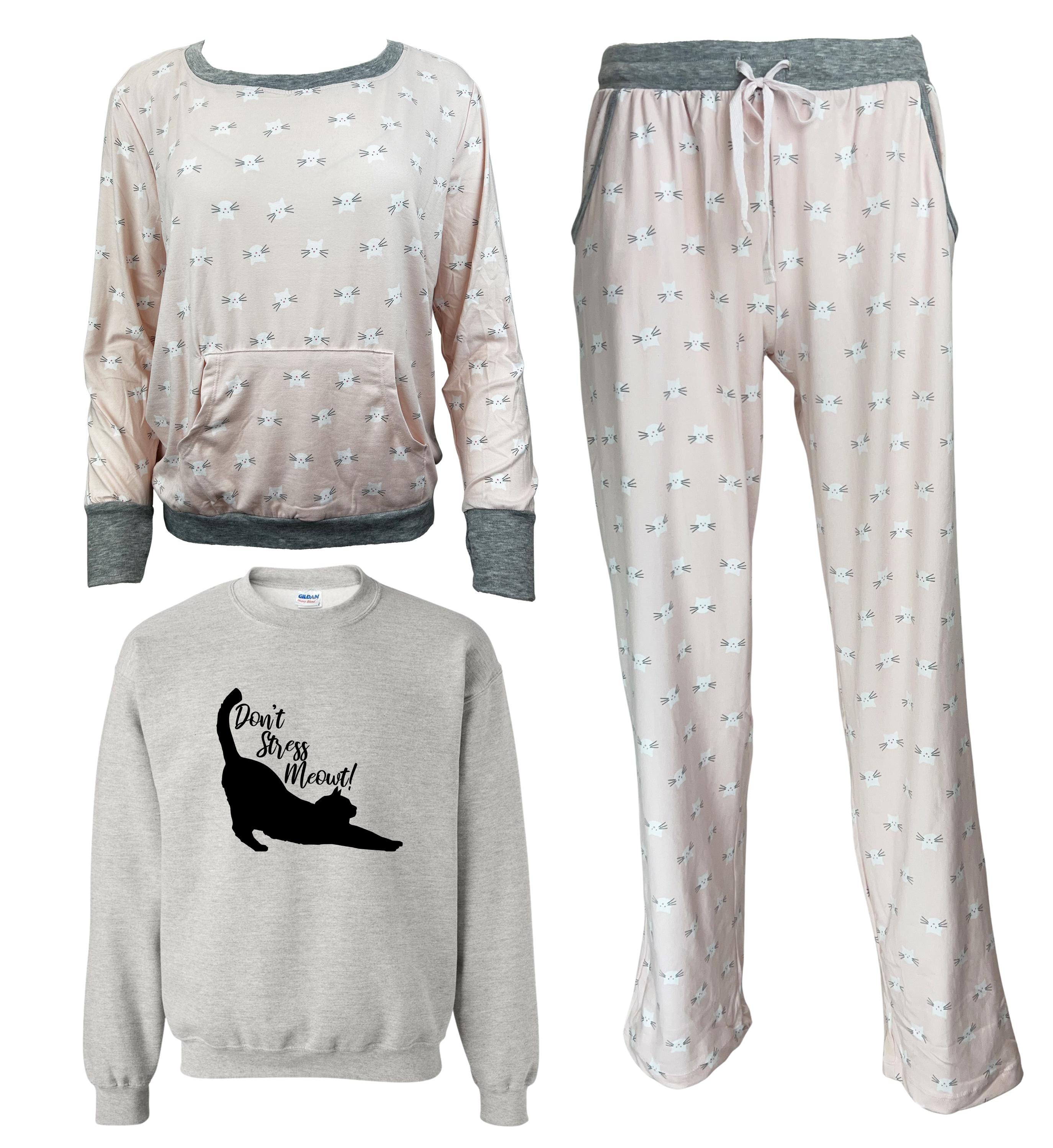 Women's Ultra Soft Long Sleeve 3 Piece Cat Themed Don't Stress Meowt Pajama Set with Pockets - In 3 Colors