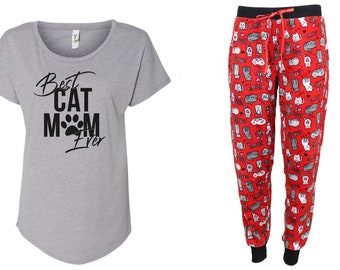 Best Cat Mom Ever Red Pajama Set - Cat Pajama, Fleece Pajama, Cat Lover Gift, Pajama Set, Cat Puns, Cat Pun, Pun Pajamas, Cat PJs, Jogger