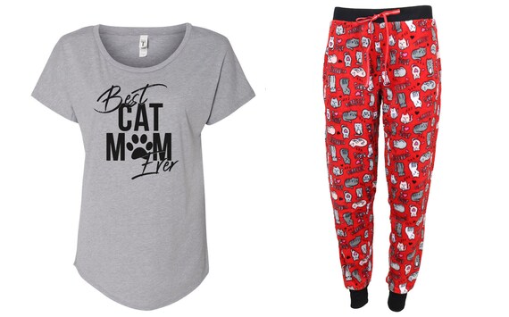 Best Cat Mom Ever Red Pajama Set Cat Pajama Fleece Pajama Cat