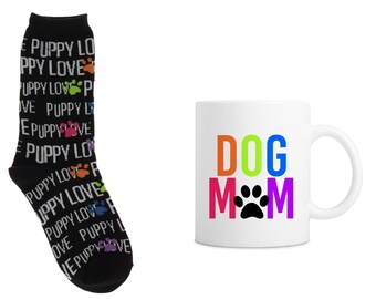 Dog Mom Mug and Sock Gift Set - Dog Mug, Dog Lover, Puppy, Puppy Mom, Gift Set, Coffee Lover, Tea, Gift for Her, Dog Mom, Color Block, Dogs