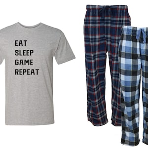 Eat Sleep Game Repeat Plaid Pajama Set - Fleece PJ, gift for Him, Gamer, Gift for Dad, Video Game, Sunday Funday, Boyfriend, Plus Size