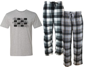 Tape Cassette Mens Grey Pajama Set - Fleece Pajama set, Fun Pjs, PJs, Mens PJs, gift for him, Dad, Rocker, Musician, Music Lover, Plus Size