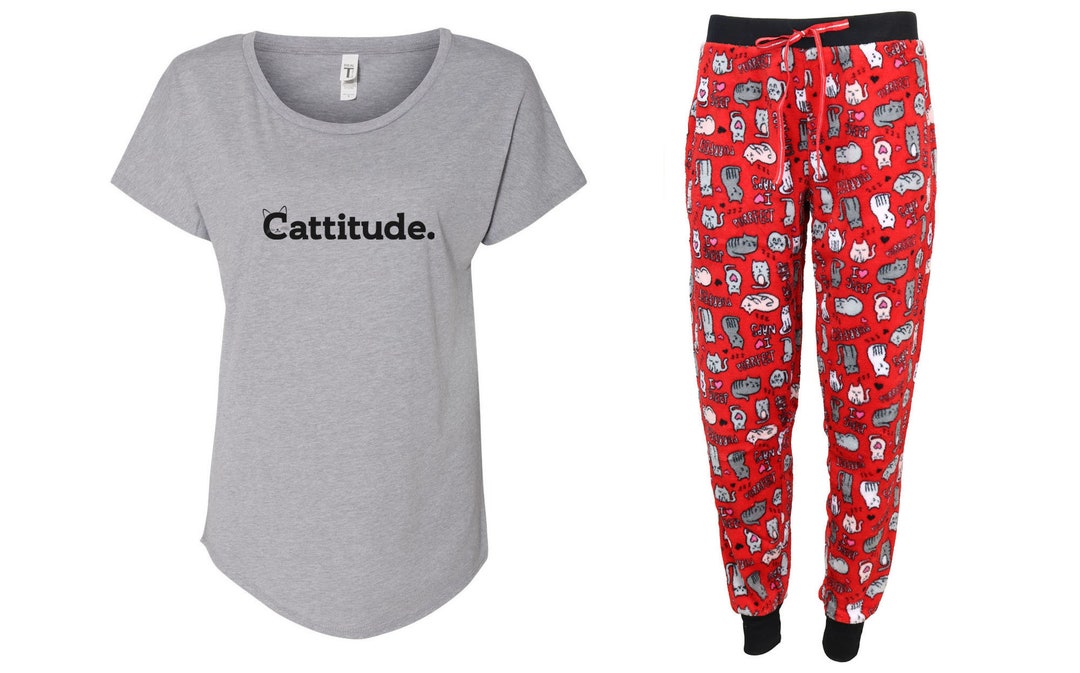 Cattitude Red Pajama Set Cat Pajama Fleece Pajama Cat Etsy