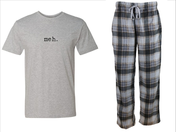 Meh Mens Grey Plaid Pajama Set Fleece Pajama Set, Pjs, Mens Pjs