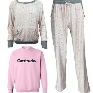 Women&#39;s Ultra Soft Long Sleeve 3 Piece Cat Themed Cattitude Pajama Set with Pockets - In 3 Colors