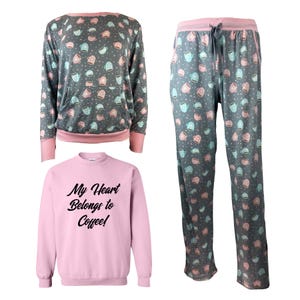 Women&#39;s Ultra Soft Long Sleeve 3 Piece Grey & Pink Coffee Cup Themed My Heart Belongs to Coffee Pajama Gift Set For Her - In 4 Colors