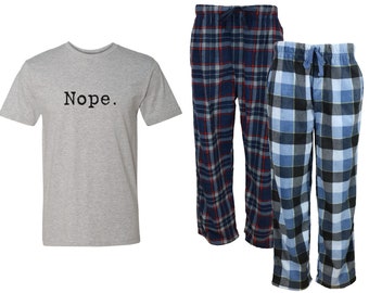 Nope Mens Pajama Set - Fleece Pajama set, PJs, Mens PJs, Plaid Pajamas, gift for him, Dad, teen, college, sarcasm, Funny Pjs, Plus Size