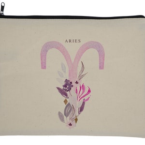 Aries Zodiac Sign Makeup Bag - Zippered Tote bag, Makeup, Star Sign, Zodiac, Astrology, Celestial, Constellation, Floral, April Birthday