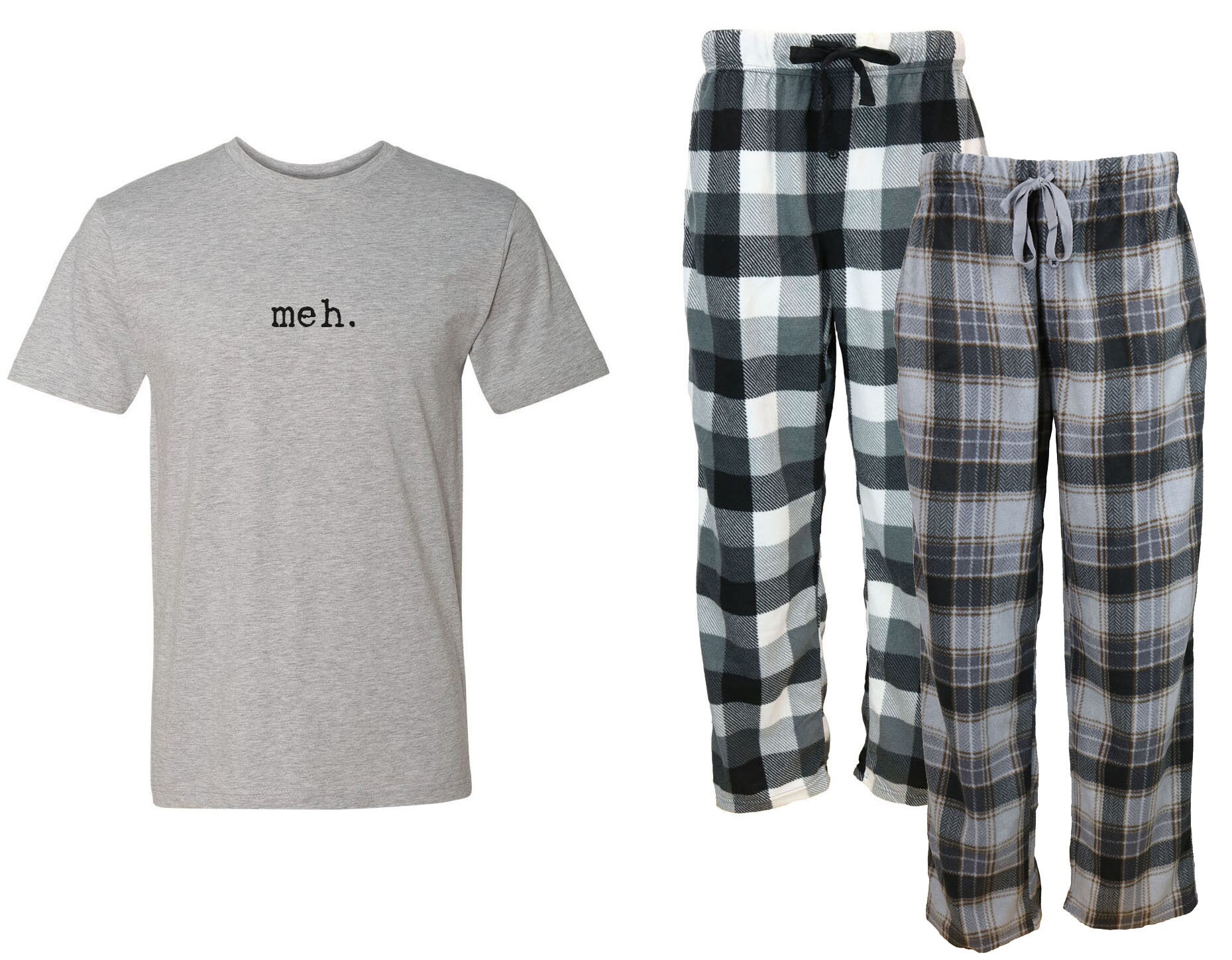 Meh Mens Grey Plaid Pajama Set - Fleece Pajama Set, Pjs