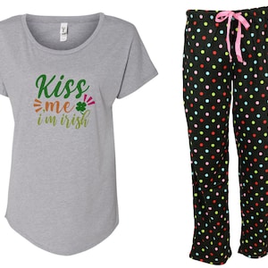 Kiss me I&#39;m Irish Rainbow Polka Dot Pajama Set - St. Patrick&#39;s Day, St. Paddy&#39;s Day, Holiday Pajamas, Rainbow Pajamas, Lucky Clover, Love