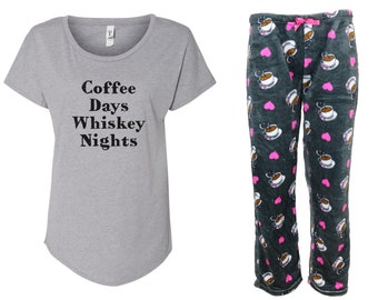 Coffee Days Whiskey Nights Plus Size Set - But First Coffee, Coffee Lover, Morning Person, Fleece Pajama, Printed PJ Pants, Whiskey Drinker