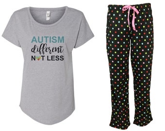 Autism Different Not Less Pajama Set - Autism Awareness Pajamas, Fleece Pajama Set, Rainbow Dots, Teenager, Support, Puzzle, Autism Shirt