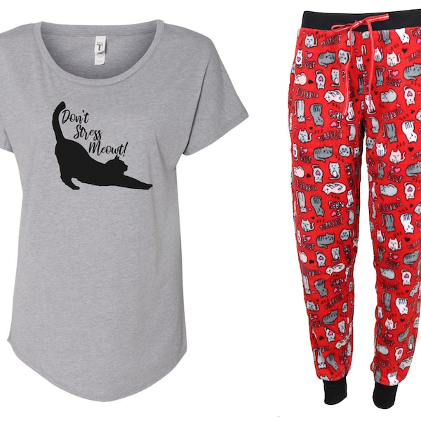 Don't Stress Meowt Red Pajama Set - Cat Pajama, Fleece Pajama, Cat Lover Gift, Pajama Set, Cat Puns, Cat Pun Shirt, Pajamas, Cat PJs, Jogger