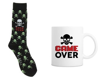 Game Over Video Game Mug and Sock Gift Set - Gamer Mug, Gift Set, Coffee Lover, Tea, Gift for him, Gamer Gift, Boyfriend, Son, Skulls