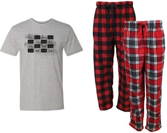 Tape Cassette Mens Red Pajama Set - Fleece Pajama set, Fun Pjs, PJs, Mens PJs, gift for him, Dad, Rocker, Musician, Music Lover, Plus Size