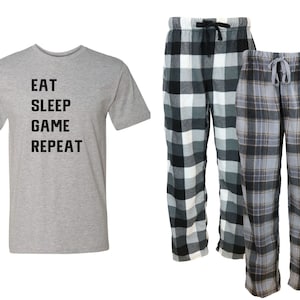 Eat Sleep Game Repeat Grey Plaid Pajama Set - Fleece PJs, gift for Him, Gamer, Gift for Dad, Video Game, Sunday Funday, Boyfriend, Plus Size