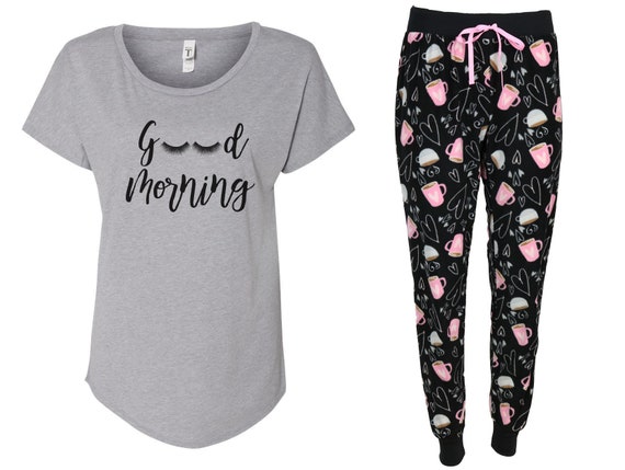 Good Morning Pajama Set but First Coffee Coffee Lover Morning Person Fleece Pajama Set Printed PJ Pants Happy Vibes Coffee Drinking Etsy Canada