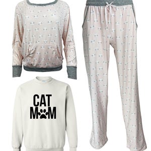 Women&#39;s Ultra Soft Long Sleeve 3 Piece Cat Themed Cat Mom Pajama Set with Pockets - In 3 Colors