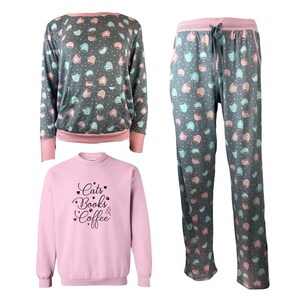 Women&#39;s Ultra Soft Long Sleeve 3 Piece Grey & Pink Coffee Cup Themed Cats Books and Coffee Pajama Gift Set For Her with Pocket - In 4 Colors