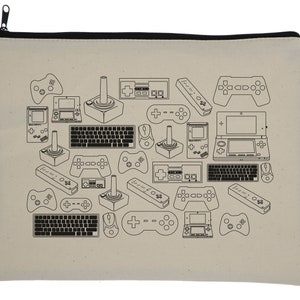May include: A beige canvas zippered pouch with a black zipper pull. The pouch is decorated with a black and white outline design of various video game controllers, consoles, and accessories.